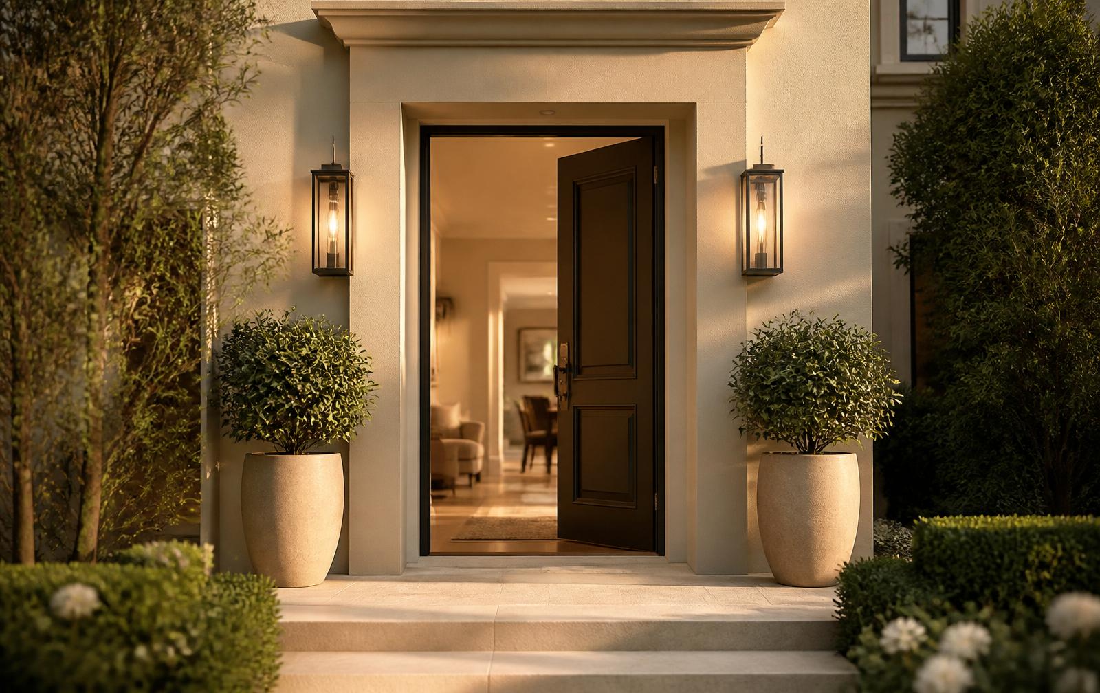 A warmly lit front door welcoming you home